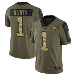 Men’s Olive Philadelphia Eagles #1 Jalen Hurts 2021 Camo Salute To Service Limited Stitched Jersey
